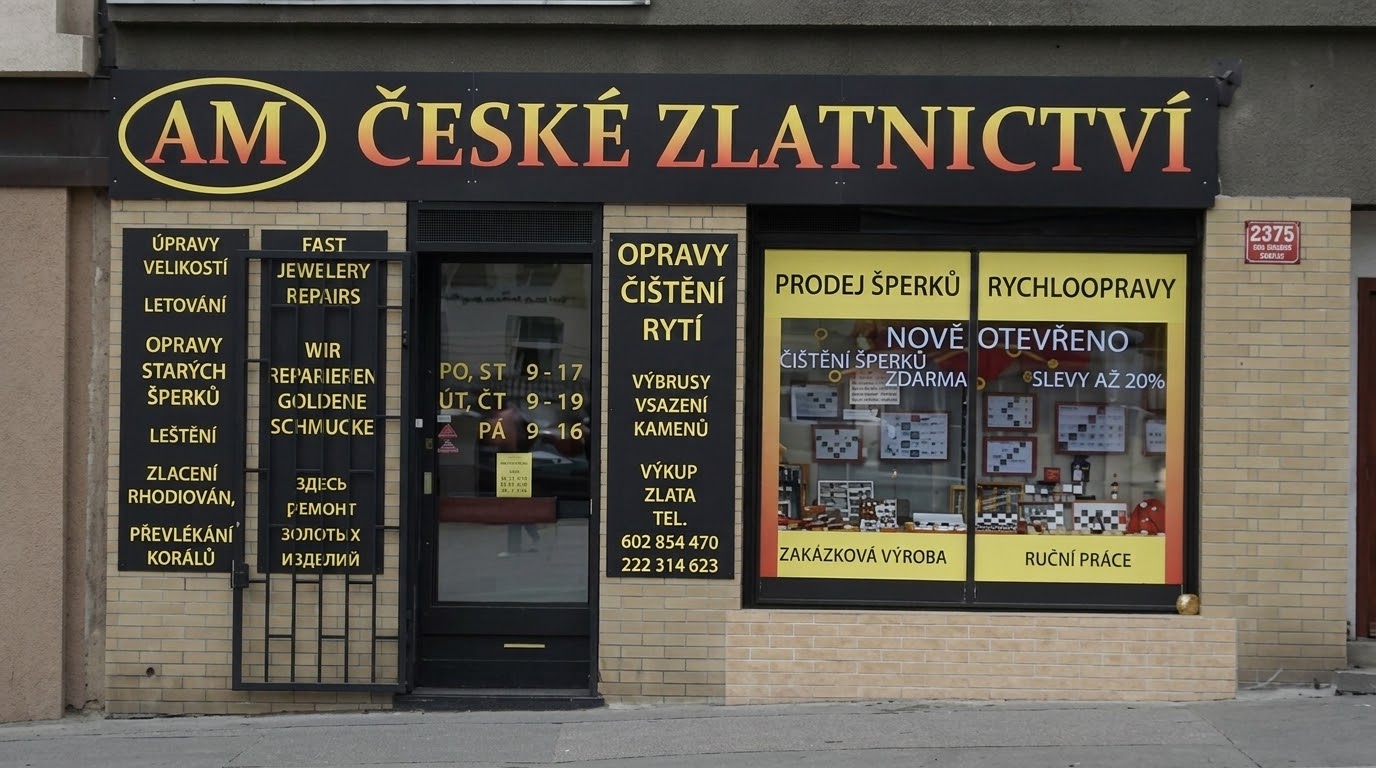 Vchod do klenotnictví s nápisem „České zlatnictví“ a reklamními tabulemi služeb a otevírací dobou.